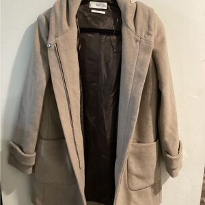 Mango Hooded Wool-Blend Pea Coat in Taupe
